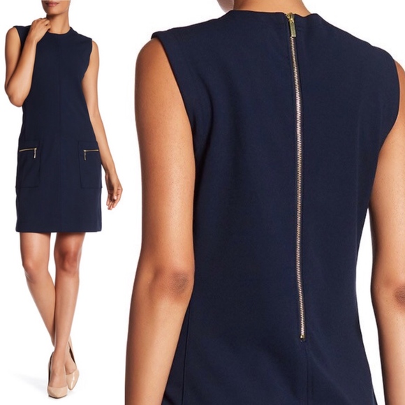 Sharagano Dresses & Skirts - Sharagano Career Shift Dress Navy Blue Zip Pocket